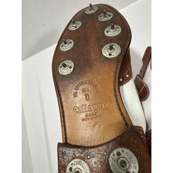 Callaway Golf Shoes Men's 9.5 Brown White Wing Monk Strap‎ Buckle Spikes Italy - Picture 5 of 10